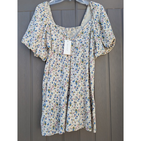 Sim & Sam | Dresses | Sim Sam Boho Cream Floral Puff Sleeve Linen Blend ...